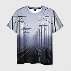 Мужская футболка 3D с принтом Туманная дорога в Петрозаводске, 100% полиэфир | прямой крой, круглый вырез горловины, длина до линии бедер | 3d | железная дорога | пути | столбы | страны | туман | туманная дорога