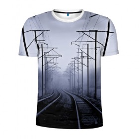 Мужская футболка 3D спортивная с принтом Туманная дорога в Петрозаводске, 100% полиэстер с улучшенными характеристиками | приталенный силуэт, круглая горловина, широкие плечи, сужается к линии бедра | 3d | железная дорога | пути | столбы | страны | туман | туманная дорога