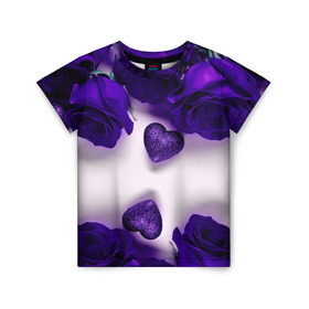 Детская футболка 3D с принтом Фиолетовые розы в Петрозаводске, 100% гипоаллергенный полиэфир | прямой крой, круглый вырез горловины, длина до линии бедер, чуть спущенное плечо, ткань немного тянется | flower | весна | красивые цветы | лето | природа | цветок | цветочки | цветы