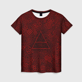 Женская футболка 3D с принтом 30 seconds to mars. символы в Петрозаводске, 100% полиэфир ( синтетическое хлопкоподобное полотно) | прямой крой, круглый вырез горловины, длина до линии бедер | глифы | знаки | красный | логотип | паттерн | рок | рокнрол | текстура | треугольник
