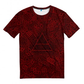 Мужская футболка 3D с принтом 30 seconds to mars. символы в Петрозаводске, 100% полиэфир | прямой крой, круглый вырез горловины, длина до линии бедер | Тематика изображения на принте: глифы | знаки | красный | логотип | паттерн | рок | рокнрол | текстура | треугольник