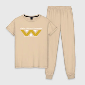 Женская пижама хлопок с принтом Weyland-Yutani в Петрозаводске, 100% хлопок | брюки и футболка прямого кроя, без карманов, на брюках мягкая резинка на поясе и по низу штанин | чужой завет