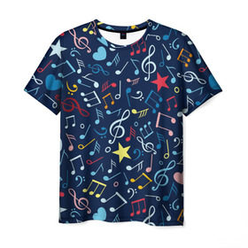 Мужская футболка 3D с принтом Ноты в Петрозаводске, 100% полиэфир | прямой крой, круглый вырез горловины, длина до линии бедер | звездочки | ноты | сердечки