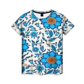 Женская футболка 3D с принтом Цветочный узор в Петрозаводске, 100% полиэфир ( синтетическое хлопкоподобное полотно) | прямой крой, круглый вырез горловины, длина до линии бедер | 3d | весна | другие | красивые цветы | лето | полевой цветок | прикольные | природа | синие цветы | текстуры | цветочки | цветы