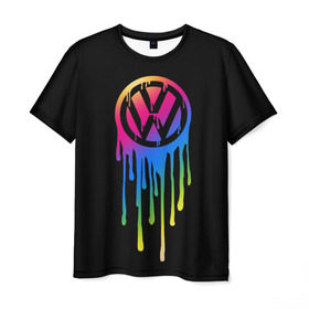 Мужская футболка 3D с принтом Volkswagen в Петрозаводске, 100% полиэфир | прямой крой, круглый вырез горловины, длина до линии бедер | brand | bright | car | color | drops | flow | germany | logo | rainbow | sign | spectrum | volkswagen | автомобиль | германия | знак | капли | логотип | марка | радуга | спектр | течет | цвет | яркий