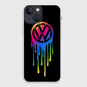 Чехол для iPhone 13 mini с принтом Volkswagen в Петрозаводске,  |  | brand | bright | car | color | drops | flow | germany | logo | rainbow | sign | spectrum | volkswagen | автомобиль | германия | знак | капли | логотип | марка | радуга | спектр | течет | цвет | яркий