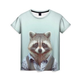 Женская футболка 3D с принтом Хипстер Енот в Петрозаводске, 100% полиэфир ( синтетическое хлопкоподобное полотно) | прямой крой, круглый вырез горловины, длина до линии бедер | raccoon | енот