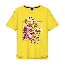 Мужская футболка хлопок Oversize с принтом Магнолия в Петрозаводске, 100% хлопок | свободный крой, круглый ворот, “спинка” длиннее передней части | Тематика изображения на принте: весна | геометрия | деревья | квадраты | цветение | цветы