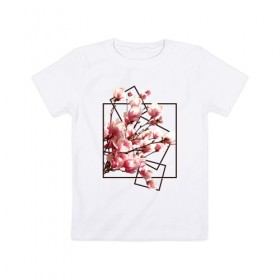 Детская футболка хлопок с принтом Магнолия в Петрозаводске, 100% хлопок | круглый вырез горловины, полуприлегающий силуэт, длина до линии бедер | весна | геометрия | деревья | квадраты | цветение | цветы