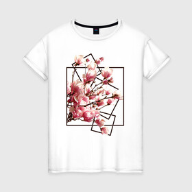 Женская футболка хлопок с принтом Магнолия в Петрозаводске, 100% хлопок | прямой крой, круглый вырез горловины, длина до линии бедер, слегка спущенное плечо | весна | геометрия | деревья | квадраты | цветение | цветы