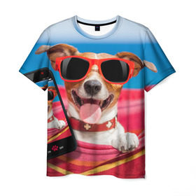 Мужская футболка 3D с принтом Джек рассел - в гамаке в Петрозаводске, 100% полиэфир | прямой крой, круглый вырез горловины, длина до линии бедер | волкодав | дворняжка | джек | джек рассел | домашние животные | любимец | мопс | овчарка | пес | песик | питомец | рассел | сенбернар | собака | собачка