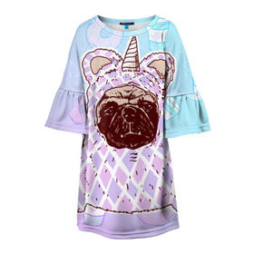 Детское платье 3D с принтом мопс-единорог в Петрозаводске, 100% полиэстер | прямой силуэт, чуть расширенный к низу. Круглая горловина, на рукавах — воланы | dog | mops | tmblr | tumbler | unicorn | единорог | мопс