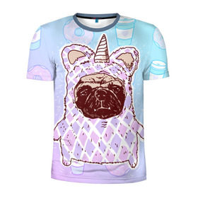 Мужская футболка 3D спортивная с принтом мопс-единорог в Петрозаводске, 100% полиэстер с улучшенными характеристиками | приталенный силуэт, круглая горловина, широкие плечи, сужается к линии бедра | dog | mops | tmblr | tumbler | unicorn | единорог | мопс