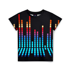 Детская футболка 3D с принтом Эквалайзер неон в Петрозаводске, 100% гипоаллергенный полиэфир | прямой крой, круглый вырез горловины, длина до линии бедер, чуть спущенное плечо, ткань немного тянется | Тематика изображения на принте: музыка | полосы | разноцветный | яркий