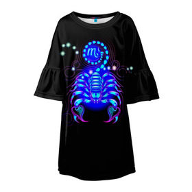 Детское платье 3D с принтом Скорпион в Петрозаводске, 100% полиэстер | прямой силуэт, чуть расширенный к низу. Круглая горловина, на рукавах — воланы | scorpius | арт | астрономия | другие | звезды | знак зодиака | космос | неоновые | прикольные | скорпион | яркие