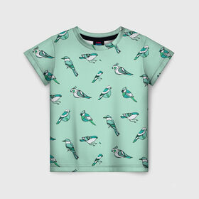 Детская футболка 3D с принтом Птица-синица в Петрозаводске, 100% гипоаллергенный полиэфир | прямой крой, круглый вырез горловины, длина до линии бедер, чуть спущенное плечо, ткань немного тянется | бирюза | паттерн | птахи | птички