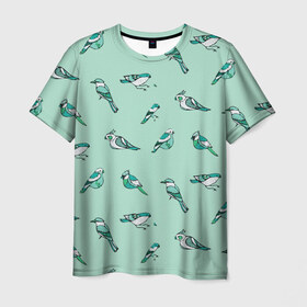 Мужская футболка 3D с принтом Птица-синица в Петрозаводске, 100% полиэфир | прямой крой, круглый вырез горловины, длина до линии бедер | Тематика изображения на принте: бирюза | паттерн | птахи | птички