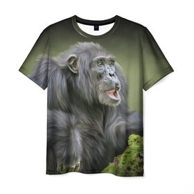 Мужская футболка 3D с принтом Шимпанзе в Петрозаводске, 100% полиэфир | прямой крой, круглый вырез горловины, длина до линии бедер | животные | обезьяна 