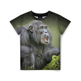 Детская футболка 3D с принтом Шимпанзе в Петрозаводске, 100% гипоаллергенный полиэфир | прямой крой, круглый вырез горловины, длина до линии бедер, чуть спущенное плечо, ткань немного тянется | животные | обезьяна 