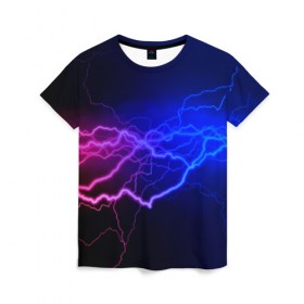 Женская футболка 3D с принтом Столкновение энергии в Петрозаводске, 100% полиэфир ( синтетическое хлопкоподобное полотно) | прямой крой, круглый вырез горловины, длина до линии бедер | молния | разряд | электричество | яркий