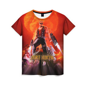Женская футболка 3D с принтом Duke Nukem в Петрозаводске, 100% полиэфир ( синтетическое хлопкоподобное полотно) | прямой крой, круглый вырез горловины, длина до линии бедер | брутальный | взрыв | дюк нюмем | мужик | огонь | радиация | ядерный