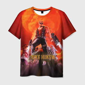 Мужская футболка 3D с принтом Duke Nukem в Петрозаводске, 100% полиэфир | прямой крой, круглый вырез горловины, длина до линии бедер | Тематика изображения на принте: брутальный | взрыв | дюк нюмем | мужик | огонь | радиация | ядерный