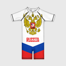 Детский купальный костюм 3D с принтом RUSSIA HOCKEY в Петрозаводске, Полиэстер 85%, Спандекс 15% | застежка на молнии на спине | 2015 | 2016 | 2017 | hockey | hokey | ru | russia | russian | team | герб | россии | россия | ру | сборная | состав | хоккей | чм | чм2017
