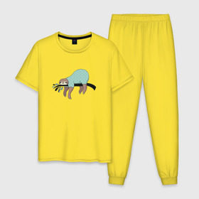 Мужская пижама хлопок с принтом Ленивец спит в Петрозаводске, 100% хлопок | брюки и футболка прямого кроя, без карманов, на брюках мягкая резинка на поясе и по низу штанин
 | арт | ленивец | лень | прикольные | сон