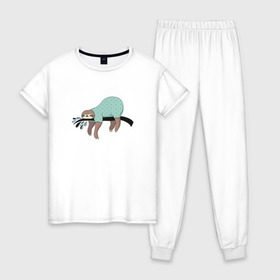Женская пижама хлопок с принтом Ленивец спит в Петрозаводске, 100% хлопок | брюки и футболка прямого кроя, без карманов, на брюках мягкая резинка на поясе и по низу штанин | Тематика изображения на принте: арт | ленивец | лень | прикольные | сон
