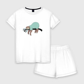 Женская пижама с шортиками хлопок с принтом Ленивец спит в Петрозаводске, 100% хлопок | футболка прямого кроя, шорты свободные с широкой мягкой резинкой | арт | ленивец | лень | прикольные | сон