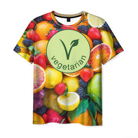 Мужская футболка 3D с принтом Vegetarian в Петрозаводске, 100% полиэфир | прямой крой, круглый вырез горловины, длина до линии бедер | fruits | vegan | vegetables | vegetarian | веган | вегетарианство | еда | овощи | фрукты