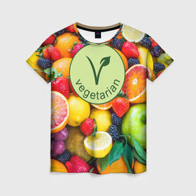 Женская футболка 3D с принтом Vegetarian в Петрозаводске, 100% полиэфир ( синтетическое хлопкоподобное полотно) | прямой крой, круглый вырез горловины, длина до линии бедер | fruits | vegan | vegetables | vegetarian | веган | вегетарианство | еда | овощи | фрукты