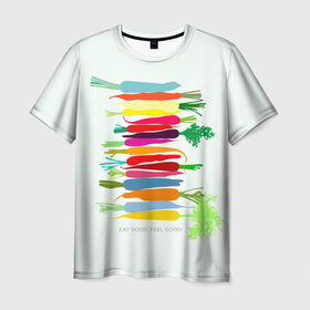 Мужская футболка 3D с принтом Feel Good в Петрозаводске, 100% полиэфир | прямой крой, круглый вырез горловины, длина до линии бедер | fruits | vegan | vegetables | vegetarian | веган | вегетарианство | еда | овощи | фрукты