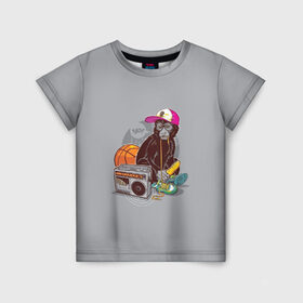 Детская футболка 3D с принтом monkey music в Петрозаводске, 100% гипоаллергенный полиэфир | прямой крой, круглый вырез горловины, длина до линии бедер, чуть спущенное плечо, ткань немного тянется | monkey | банан | баскетбол | магнитофон | музыка | мяч | обезьяна | хипстер