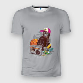 Мужская футболка 3D спортивная с принтом monkey music в Петрозаводске, 100% полиэстер с улучшенными характеристиками | приталенный силуэт, круглая горловина, широкие плечи, сужается к линии бедра | Тематика изображения на принте: monkey | банан | баскетбол | магнитофон | музыка | мяч | обезьяна | хипстер