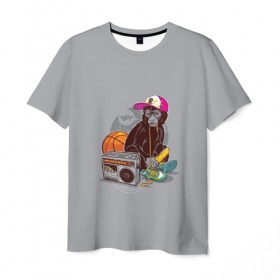 Мужская футболка 3D с принтом monkey music в Петрозаводске, 100% полиэфир | прямой крой, круглый вырез горловины, длина до линии бедер | monkey | банан | баскетбол | магнитофон | музыка | мяч | обезьяна | хипстер