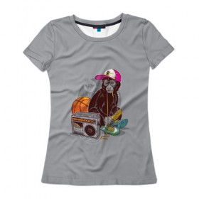 Женская футболка 3D с принтом monkey music в Петрозаводске, 100% полиэфир ( синтетическое хлопкоподобное полотно) | прямой крой, круглый вырез горловины, длина до линии бедер | monkey | банан | баскетбол | магнитофон | музыка | мяч | обезьяна | хипстер