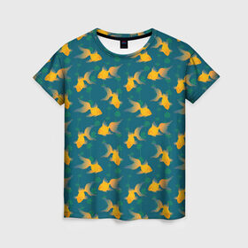 Женская футболка 3D с принтом Золотые рыбки в Петрозаводске, 100% полиэфир ( синтетическое хлопкоподобное полотно) | прямой крой, круглый вырез горловины, длина до линии бедер | вода | водоросли | море | подводный мир | рыба | сказка