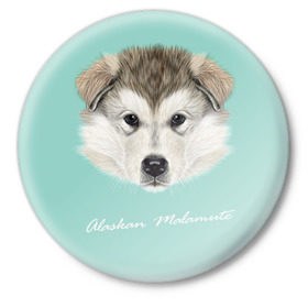 Значок с принтом Alaskan Malamute в Петрозаводске,  металл | круглая форма, металлическая застежка в виде булавки | alaskan malamute | dog | puppy | маламут | собака | хаски | щенок
