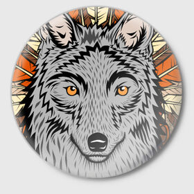 Значок с принтом Волк индеец в Петрозаводске,  металл | круглая форма, металлическая застежка в виде булавки | арт | волк | волкодав | животные | индейцы | перья | собака