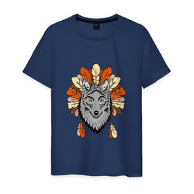 Мужская футболка хлопок с принтом Волк индеец в Петрозаводске, 100% хлопок | прямой крой, круглый вырез горловины, длина до линии бедер, слегка спущенное плечо. | арт | волк | волкодав | животные | индейцы | перья | собака