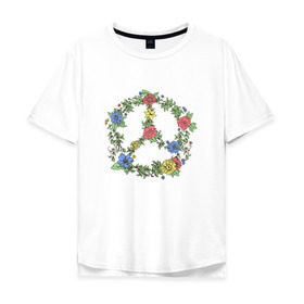 Мужская футболка хлопок Oversize с принтом peace flowers в Петрозаводске, 100% хлопок | свободный крой, круглый ворот, “спинка” длиннее передней части | Тематика изображения на принте: flowers | peace | мир | цветы