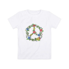 Детская футболка хлопок с принтом peace flowers в Петрозаводске, 100% хлопок | круглый вырез горловины, полуприлегающий силуэт, длина до линии бедер | flowers | peace | мир | цветы
