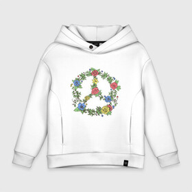 Детское худи Oversize хлопок с принтом peace flowers в Петрозаводске, френч-терри — 70% хлопок, 30% полиэстер. Мягкий теплый начес внутри —100% хлопок | боковые карманы, эластичные манжеты и нижняя кромка, капюшон на магнитной кнопке | flowers | peace | мир | цветы