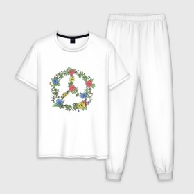 Мужская пижама хлопок с принтом peace flowers в Петрозаводске, 100% хлопок | брюки и футболка прямого кроя, без карманов, на брюках мягкая резинка на поясе и по низу штанин
 | flowers | peace | мир | цветы