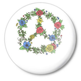 Значок с принтом peace flowers в Петрозаводске,  металл | круглая форма, металлическая застежка в виде булавки | flowers | peace | мир | цветы