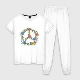 Женская пижама хлопок с принтом peace flowers в Петрозаводске, 100% хлопок | брюки и футболка прямого кроя, без карманов, на брюках мягкая резинка на поясе и по низу штанин | flowers | peace | мир | цветы