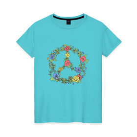 Женская футболка хлопок с принтом peace flowers в Петрозаводске, 100% хлопок | прямой крой, круглый вырез горловины, длина до линии бедер, слегка спущенное плечо | flowers | peace | мир | цветы