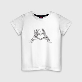 Детская футболка хлопок с принтом Сердечко в Петрозаводске, 100% хлопок | круглый вырез горловины, полуприлегающий силуэт, длина до линии бедер | дзентангл | дудлы | пальцы | раскраска | руки | ручная графика | сердечко | узоры | черно белое