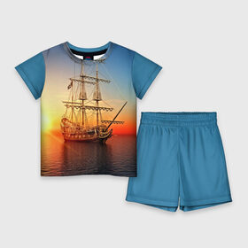 Детский костюм с шортами 3D с принтом Фрегат в Петрозаводске,  |  | 3d | blue | брызги | вмф | вода | военный | волны | исторический | капли | корабль | лето | море | моряк | океан | природа | фрегат | шторм